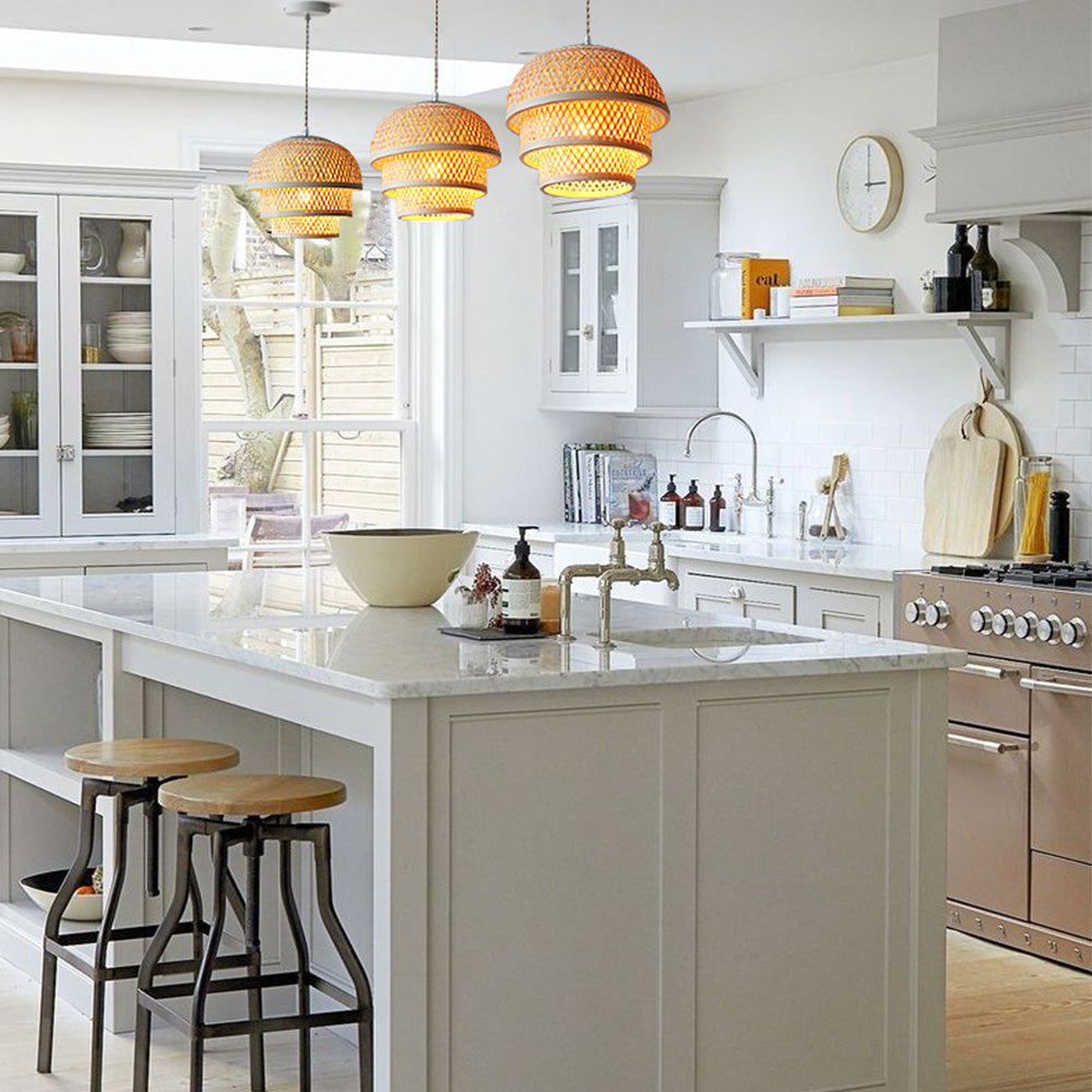 Smuk håndlavet bambus loftslampe | Justerbar længde 150 cm | Naturligt organisk design | Lyskilde E27 ikke inkluderet | 110V-120V | Perfekt til