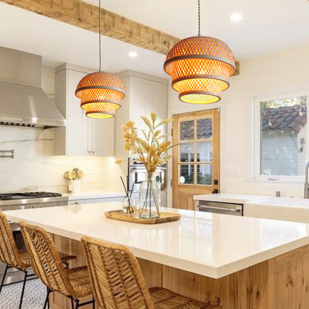 Smuk håndlavet bambus loftslampe | Justerbar længde 150 cm | Naturligt organisk design | Lyskilde E27 ikke inkluderet | 110V-120V | Perfekt til