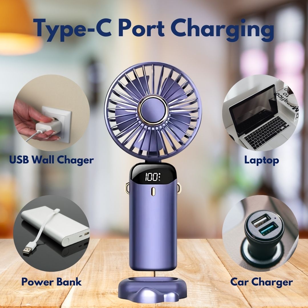 Mini bærbar ventilator | Genopladelig med Type-C | 5 hastigheder | 5000mAh batteri | Tyst og justerbar | LED-skærm | Perfekt til hjem, kontor og