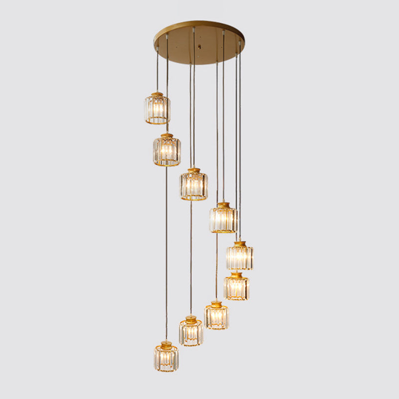 Cylinder Krystal Hængelampe | Rund Loftlampe Sort og Guld | Moderne Design med Klare Krystaller | Flere Lyskilder | Til LED eller Glødelampe
