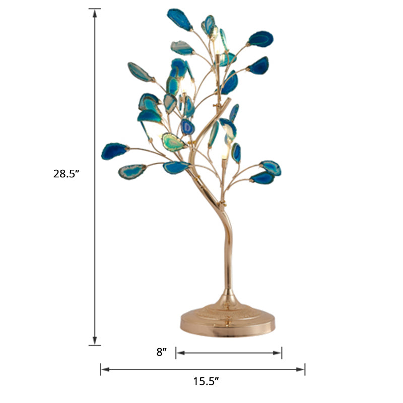 Tree Lever | Bordlampe med Naturlige Agatsten | Moderne Design | 4-lys | Guldbase | H: 71 cm | Blå/Grøn | Perfekt til Soveværelse og Kontor | LED