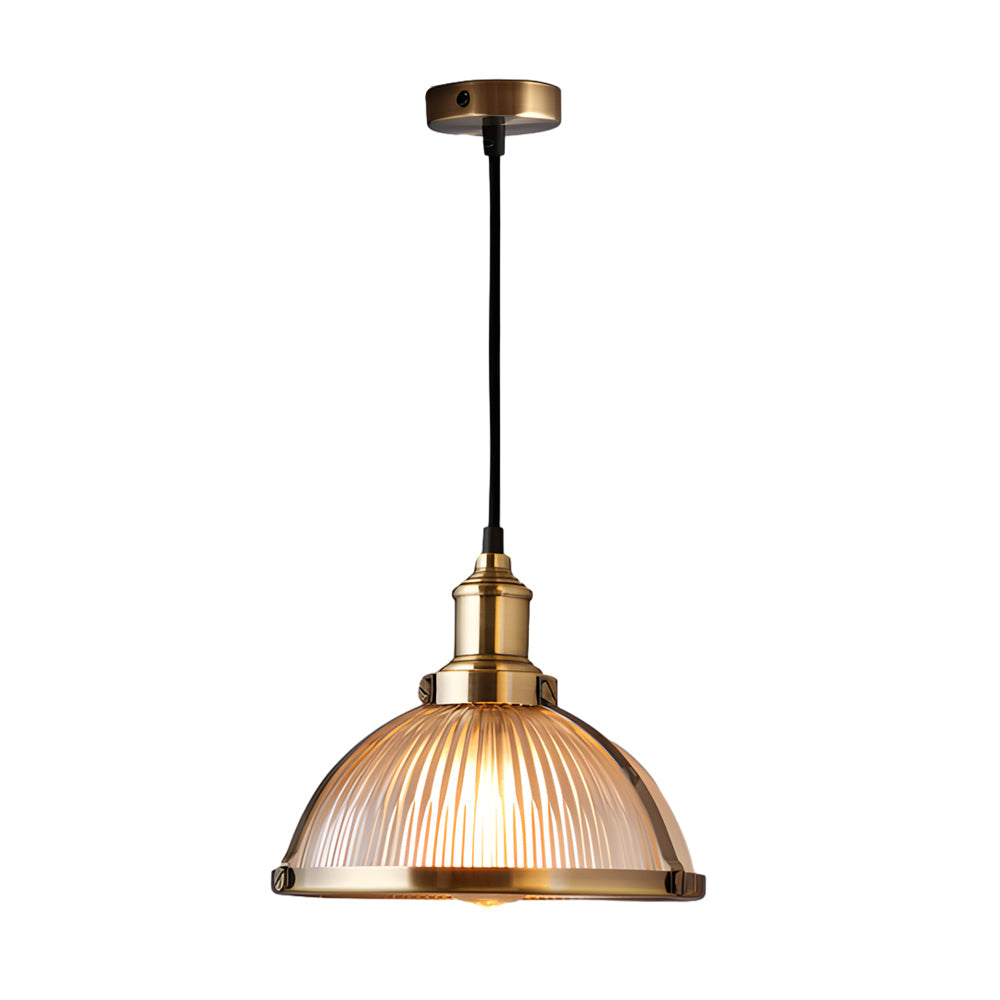 Retro pendellampe | Stribet glasskærm | 40W wolframtråd | Justerbar ophæng | Chrome & Bronze | Ø 26 cm x H 21 cm | Moderne og vintage design