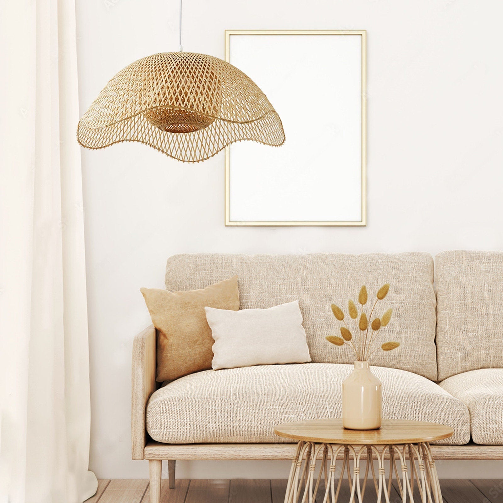 Naturlig Bambus Loftlys | Miljøvenlig | Justerbar Højde 150 cm | Diameter 45/50 cm | Ideel til Stue & Køkken | E27 Fatning | 40W