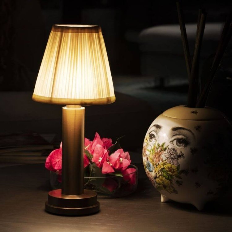 Cordless Rechargeable Fabric Table Lamp | Dimmable LED Light | Soft Atmosphere Lighting | Gold Finish | USB Charging | Portable Desk Lamp