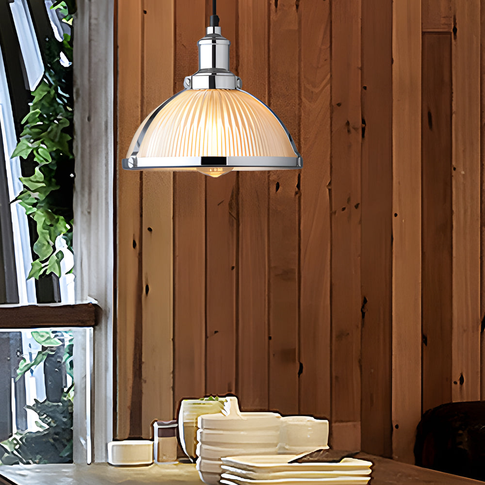 Retro pendellampe | Stribet glasskærm | 40W wolframtråd | Justerbar ophæng | Chrome & Bronze | Ø 26 cm x H 21 cm | Moderne og vintage design