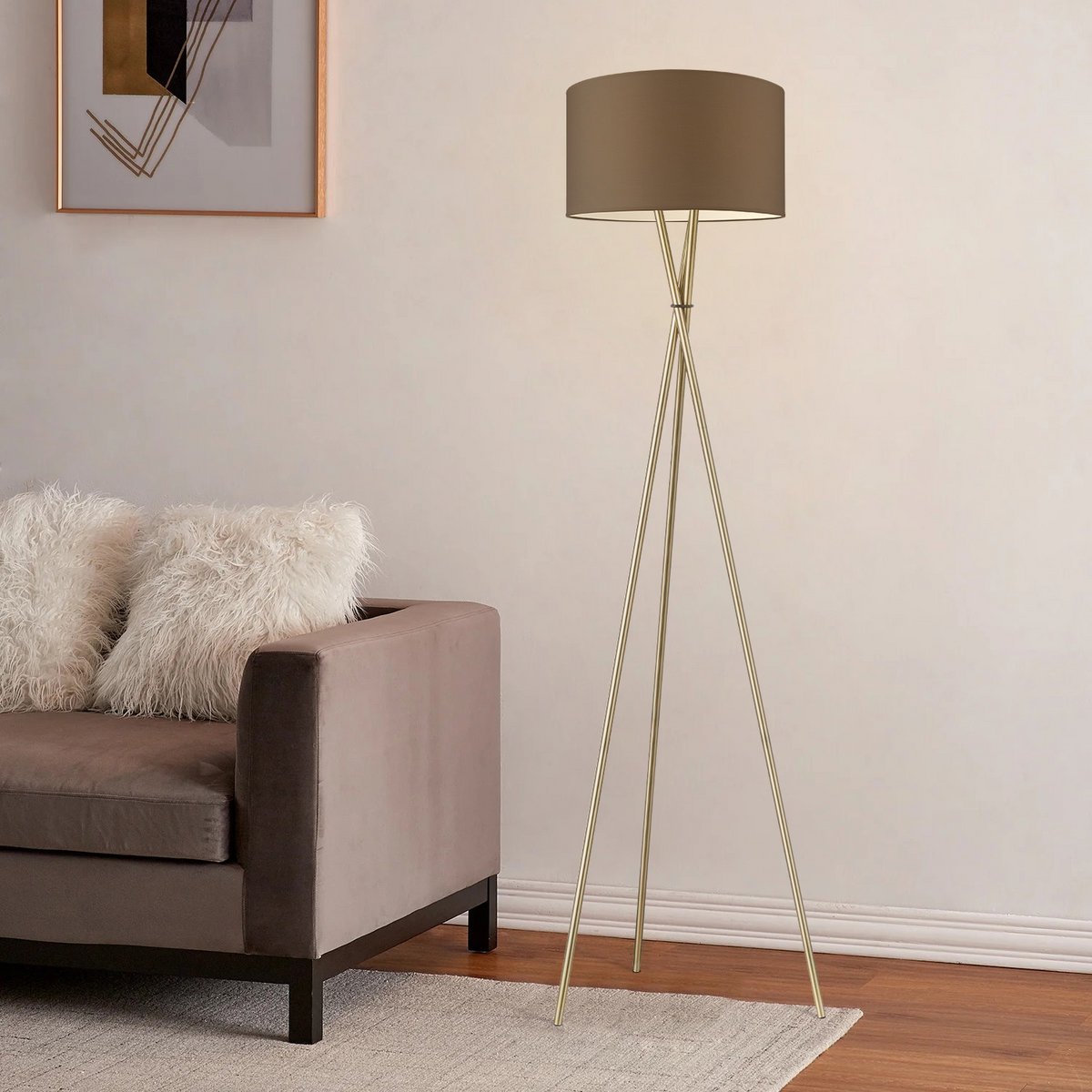 Gulvlampe | Messingben | Taupe Lampeskærm | Høj Kvalitet | Elegant Design | E27 Kompatibel | 40 cm Diameter | 166 cm Højde | Home Sweet