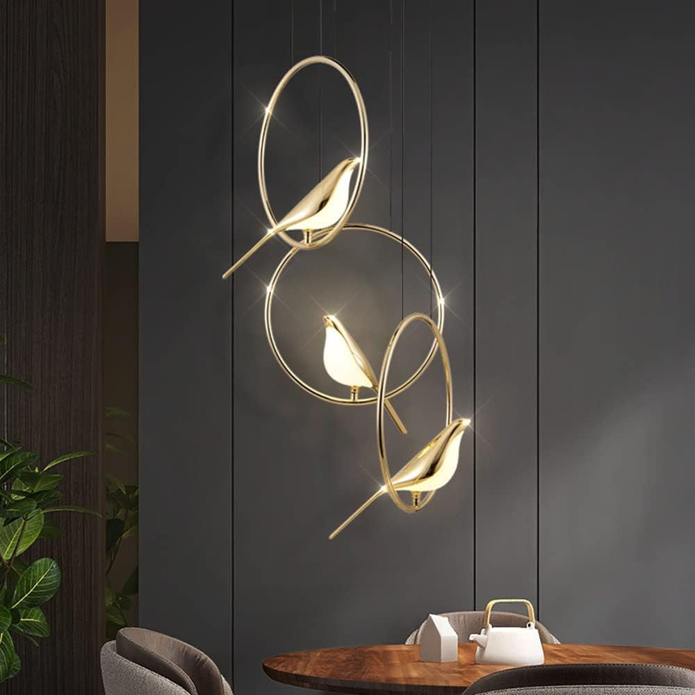Hængelampe | Creative Birds LED Guirlande | Fuglemotiv | Justerbar længde | Guld | 30cm - 121cm Diameter | Metal + Akryl | Indbygget LED | Spisestue,