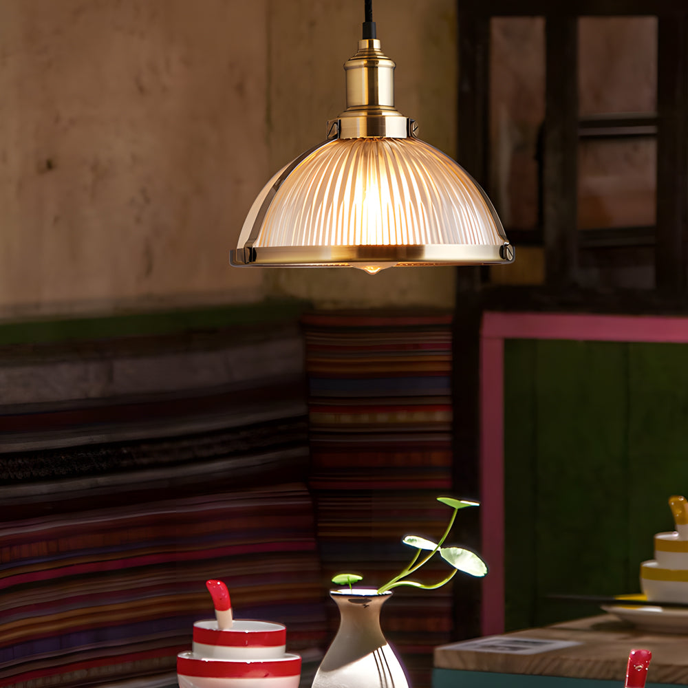 Retro pendellampe | Stribet glasskærm | 40W wolframtråd | Justerbar ophæng | Chrome & Bronze | Ø 26 cm x H 21 cm | Moderne og vintage design