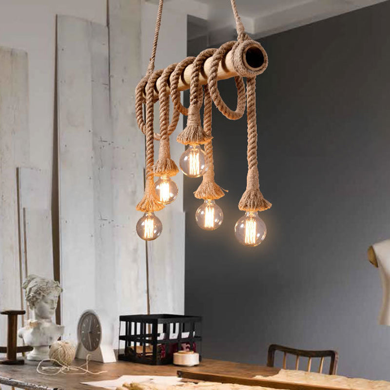 Justerbar loftlampe | Bambus og rebdesign | Moderne industriel belysning | Beige naturlig finish | Perfekt til køkkenø og spiseområde