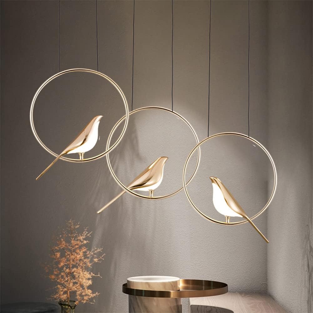 Hængelampe | Creative Birds LED Guirlande | Fuglemotiv | Justerbar længde | Guld | 30cm - 121cm Diameter | Metal + Akryl | Indbygget LED | Spisestue,