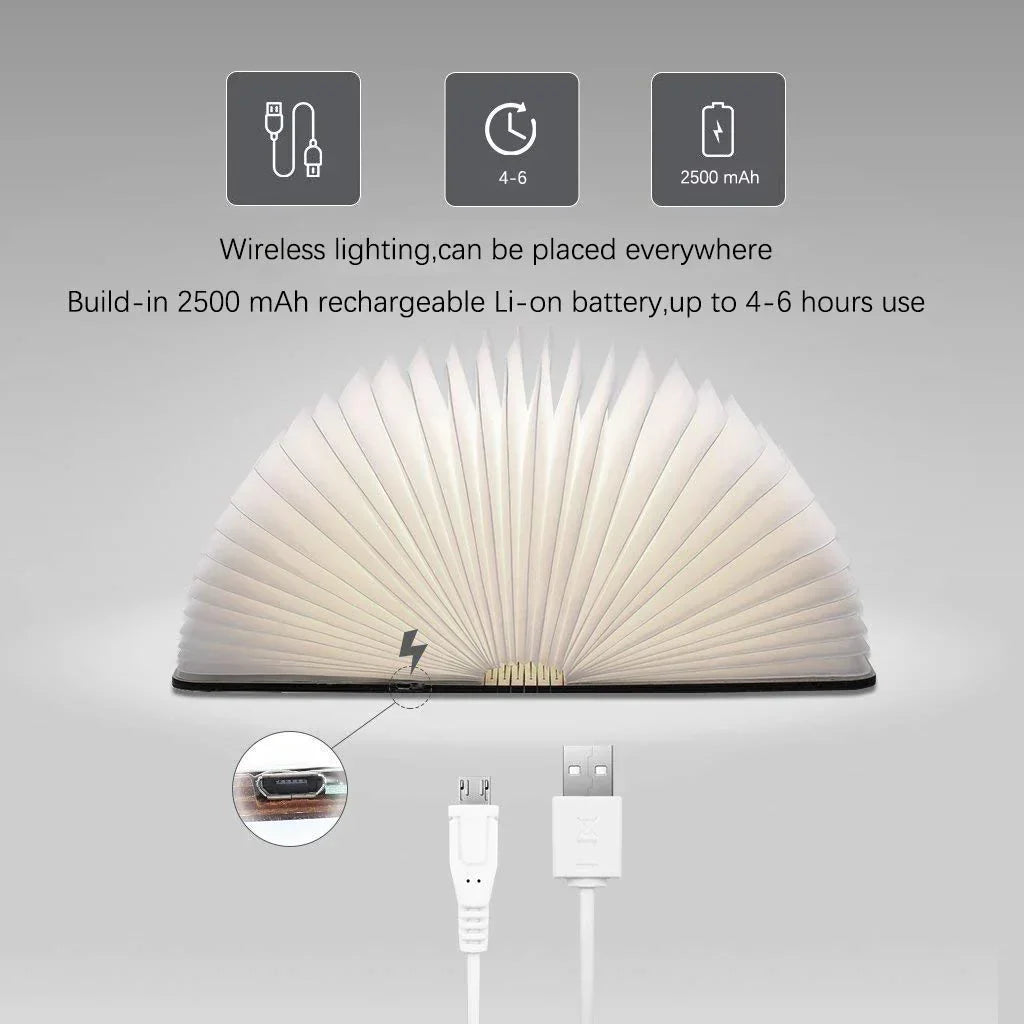 LED Lampe | Fortryllende Design | Åben Bog Form | Sensorstyring | Brun | Genopladelig | USB | CE