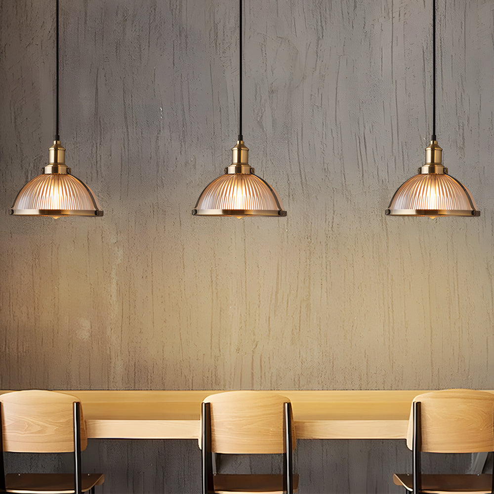 Retro pendellampe | Stribet glasskærm | 40W wolframtråd | Justerbar ophæng | Chrome & Bronze | Ø 26 cm x H 21 cm | Moderne og vintage design