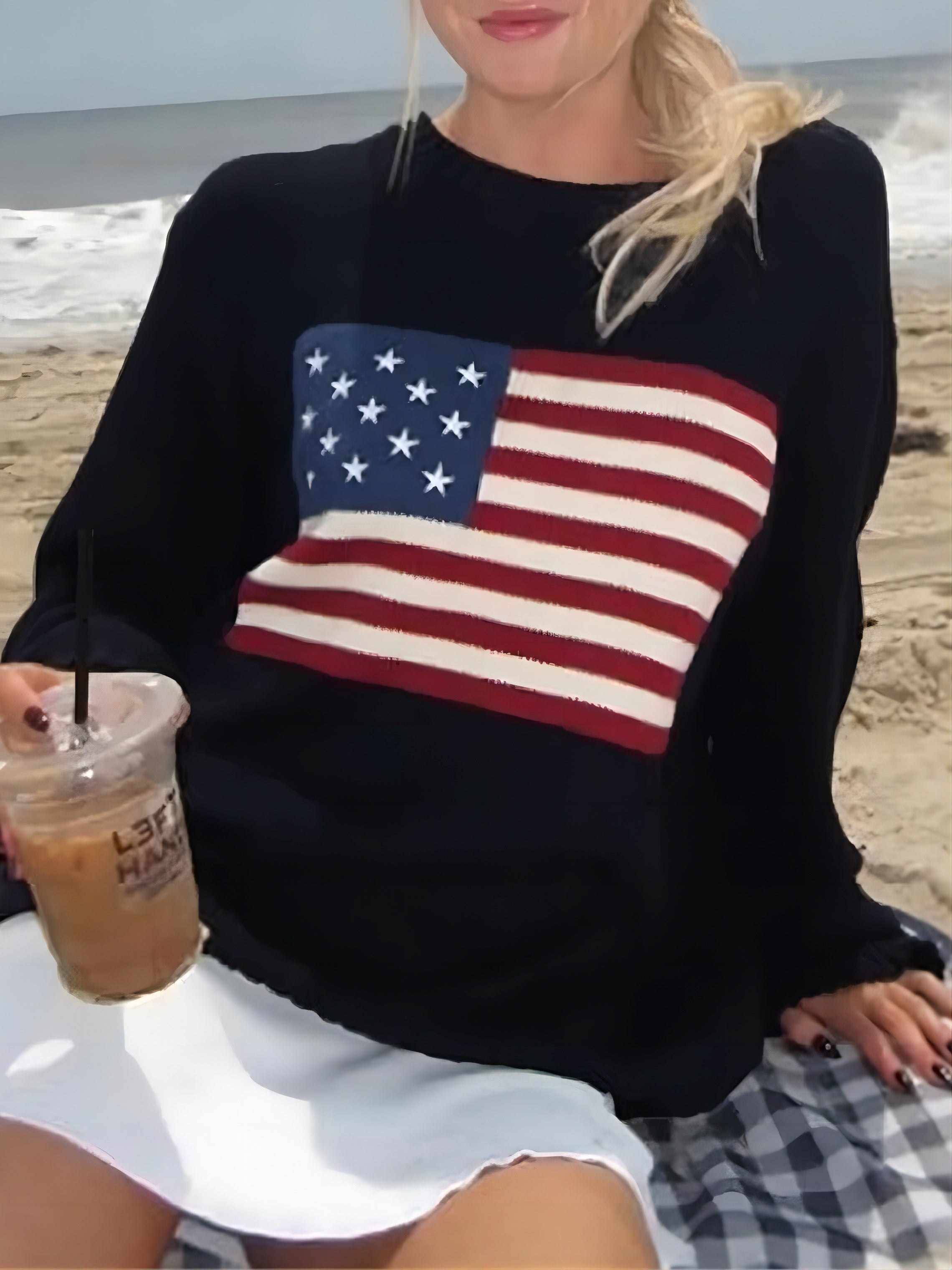 Amerikansk Flag Mønstret Kvinde-Bluse | Rund Hals | Lange Ærmer | Vintervarm og Komfortabel | Blødt Materiale | Elegant Daglig