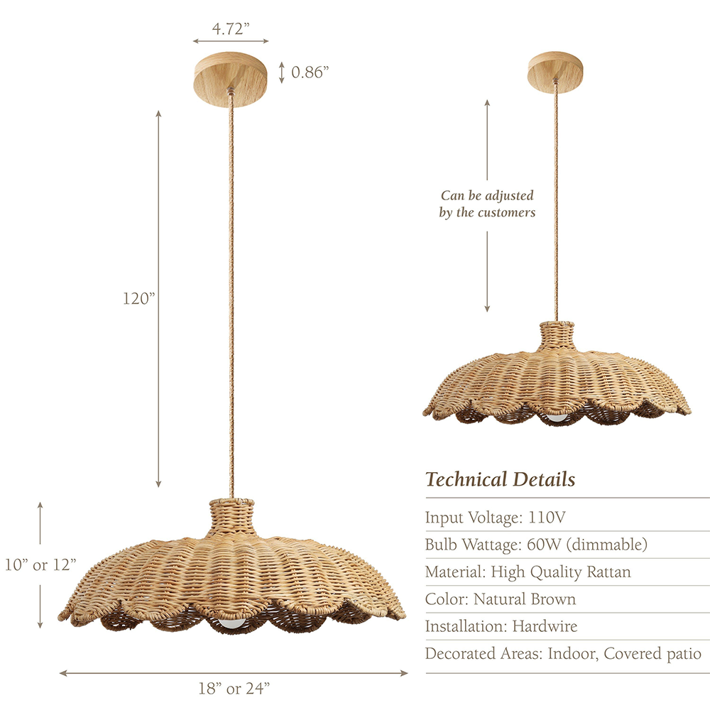 Rattanvævet Hængelampe | Boheme Design | E27 Lyskilde | Naturligt Træfinish | Moderne Interiør | 150 cm Justerbar Snor | 60W Maks Effekteffekt | Tør