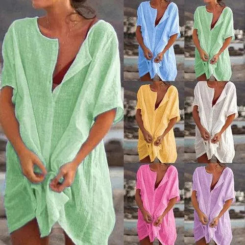 Løs bluse med ensfarvet korte ærmer