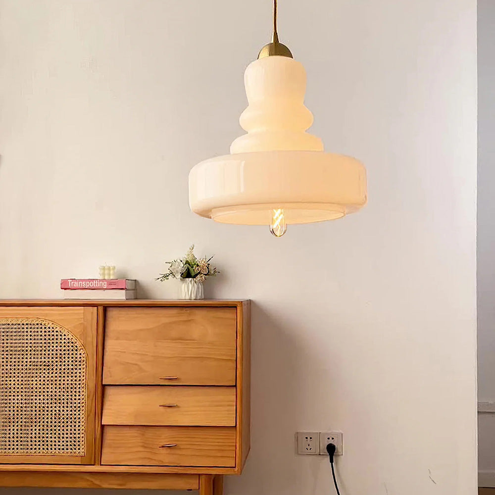 Mila bauhaus loftslampe | Farverig glaskalabas | Justerbar 150 cm | CE UL certificeret | Beige Gul Grøn Hvid Orange | E27 fatning | Glas Messing Jern