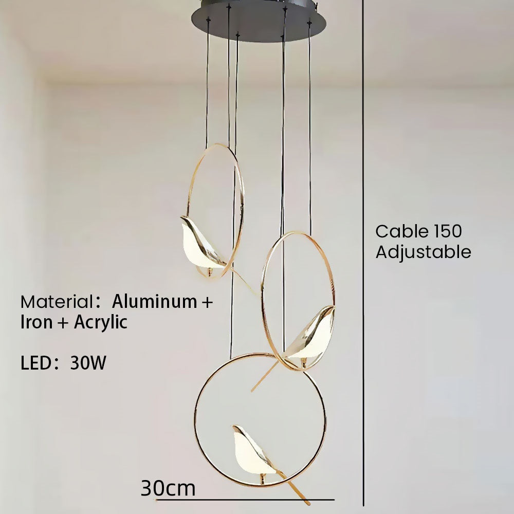 Hængelampe | Creative Birds LED Guirlande | Fuglemotiv | Justerbar længde | Guld | 30cm - 121cm Diameter | Metal + Akryl | Indbygget LED | Spisestue,