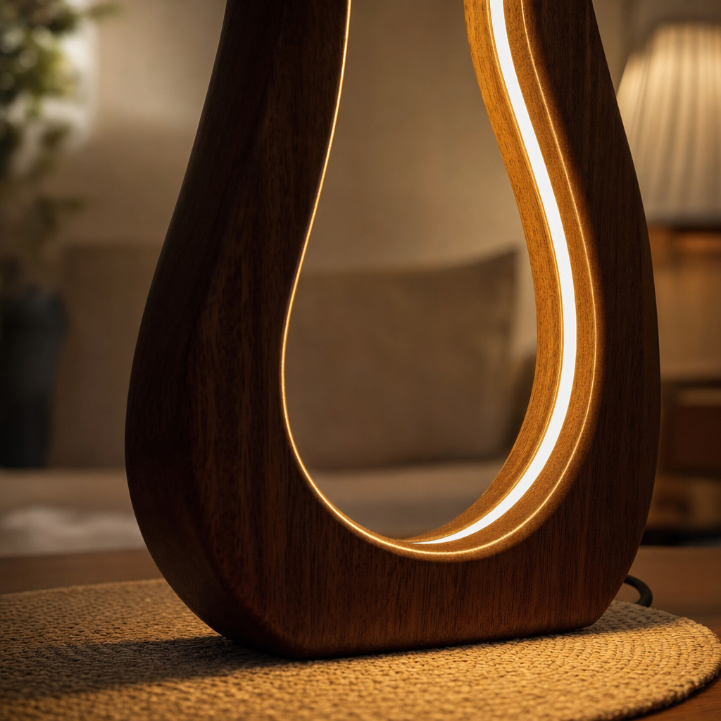 Premium Sheesham Wood LED Table Lamp | Curved Wave Design | Walnut Finish | Artistic Decoration | Versatile Use | Living Room & Bedroom