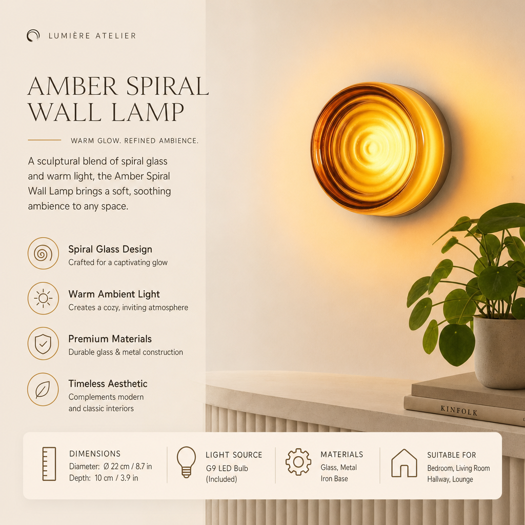 Amber Glass Wave Wall Light – Modern LED Round Sconce for Cozy Ambiance