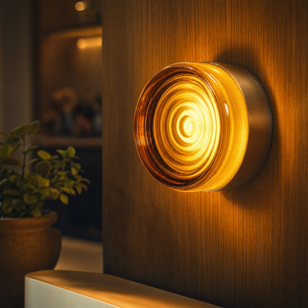 Amber Glass Wave Wall Light – Modern LED Round Sconce for Cozy Ambiance