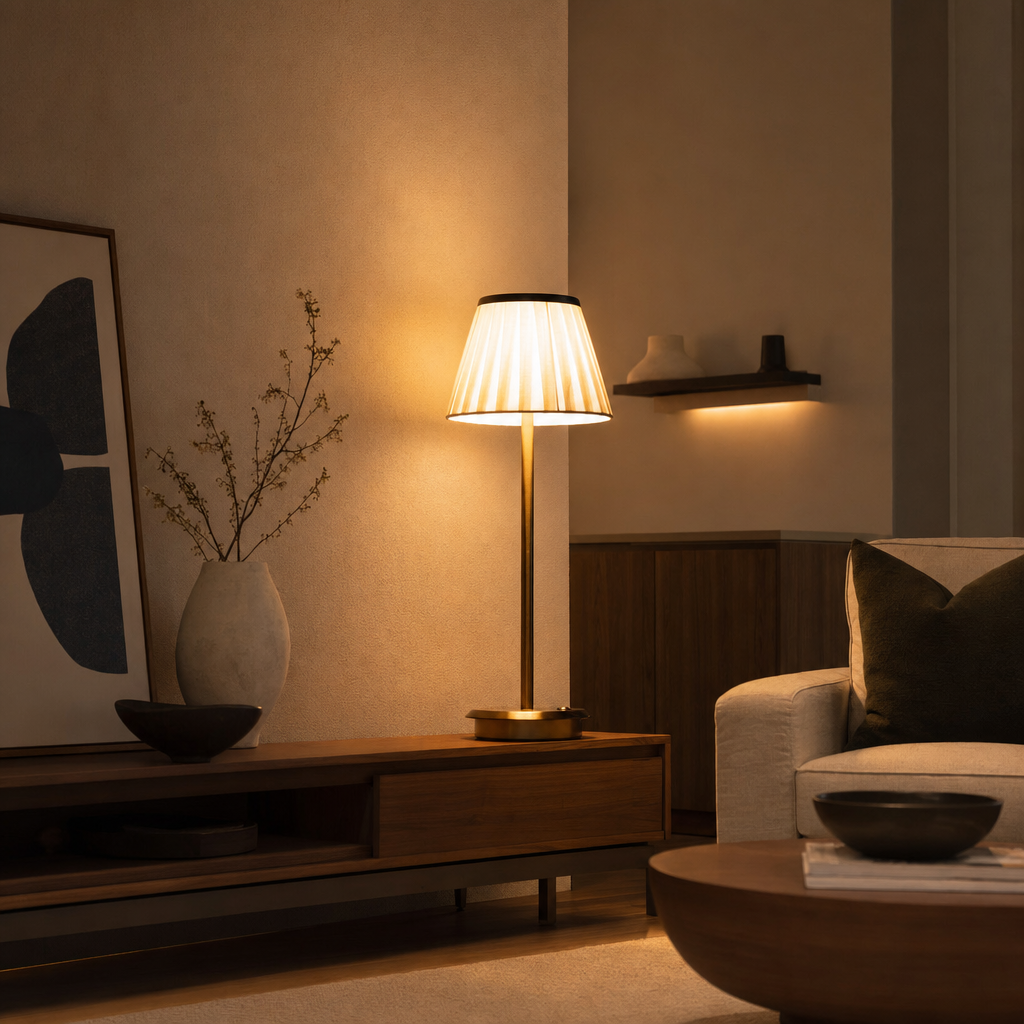 Wireless Gold Table Lamp | Dimmable Fabric Shade | Elegant No-Wire Design | 3-Level Brightness | USB Charging | Cozy Atmosphere Lighting