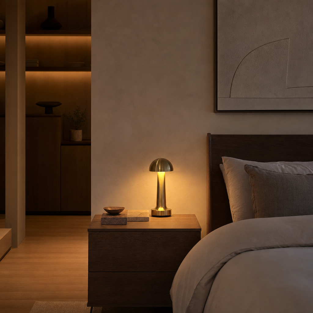 Cordless Rechargeable Mantar Lamp | Minimalist LED Lighting | Metal Plating Finish | Home Decor