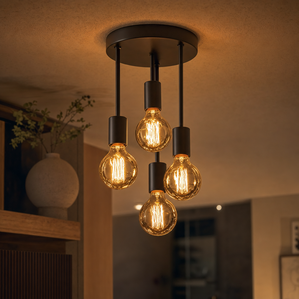 Modern Rustic Black 4-Light Ceiling Fixture | Semi Flush Mount Cast Iron | E27 Base | Varnished Finish | Ideal for Bedroom Dining Room