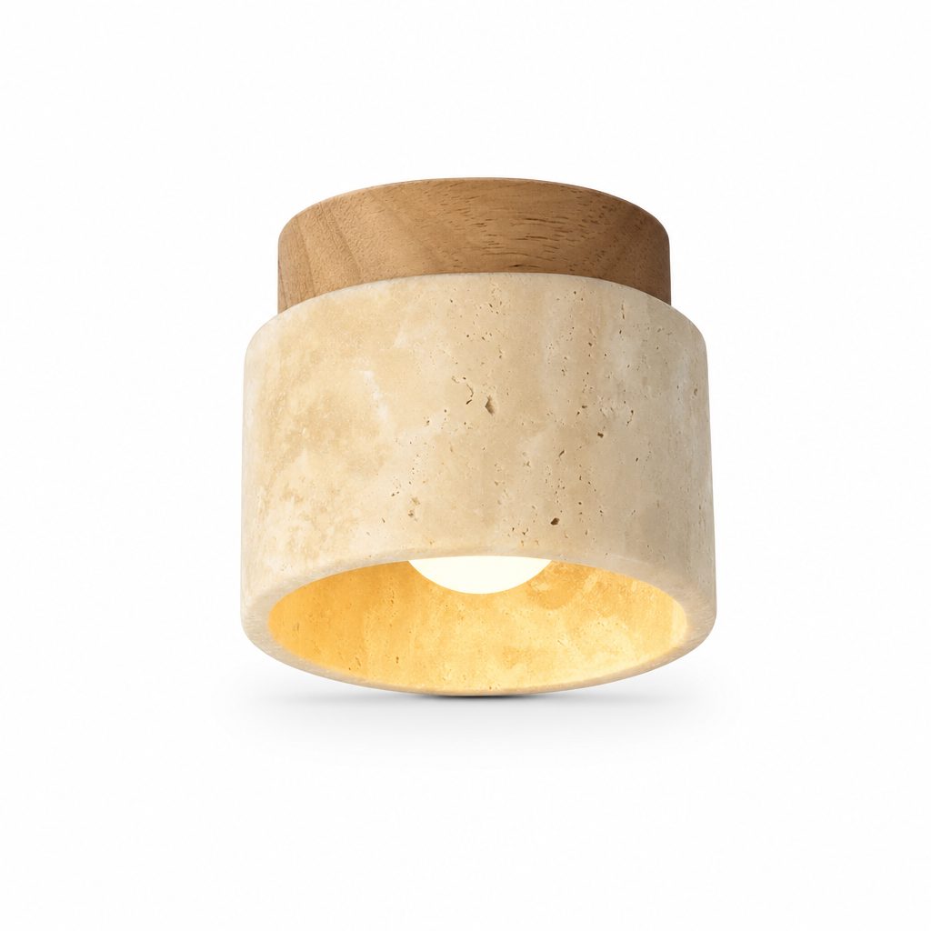 Travaro Ceiling Light | Travertine & Wood | Japandi Style | E27 Base | Natural Warm Glow | Minimalist & Modern Design | Home Decor Lighting