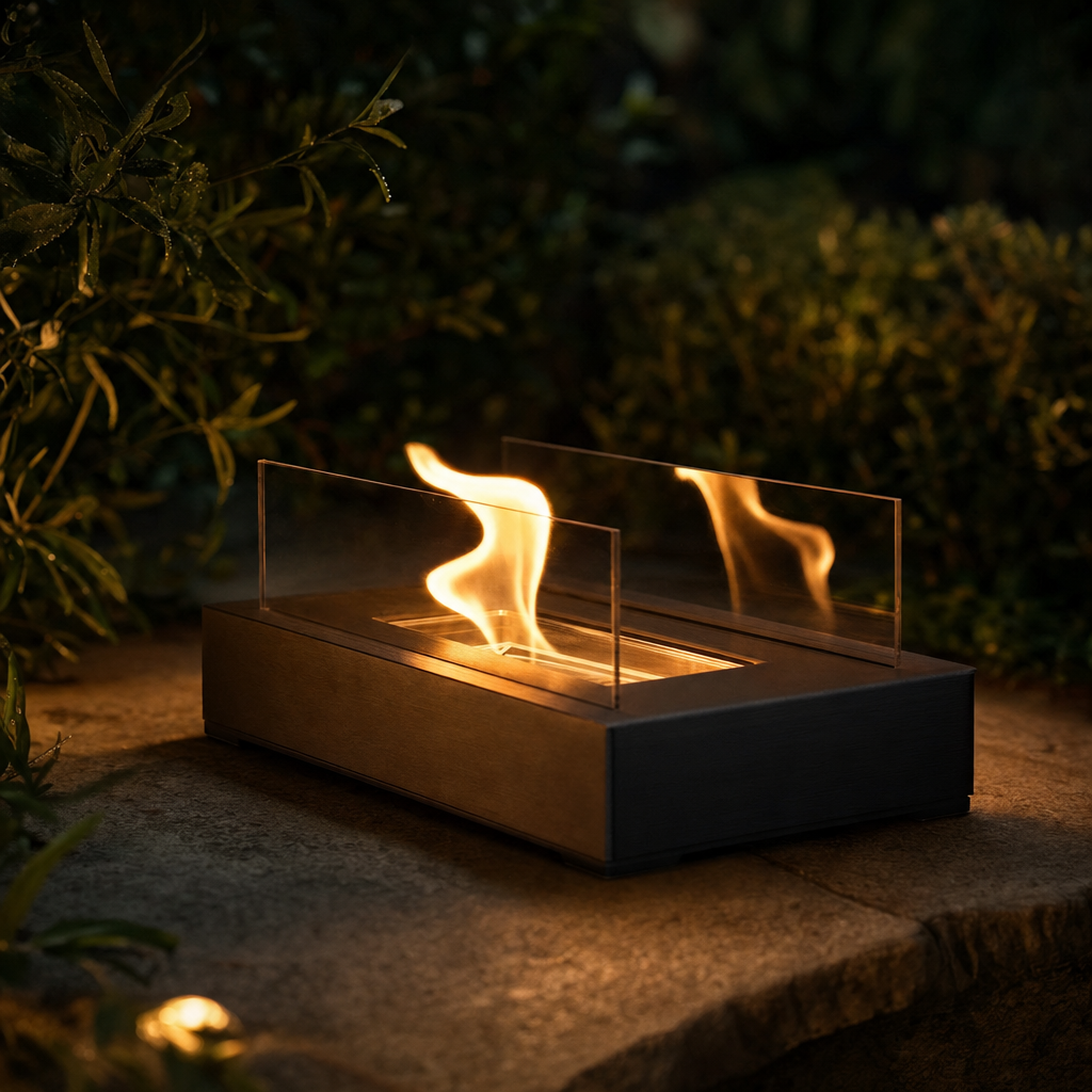 Rectangular Bioethanol Tabletop Fireplace | Modern Glass and Metal Design | Indoor/Outdoor Use | Black Finish | Smoke-Free Ambiance