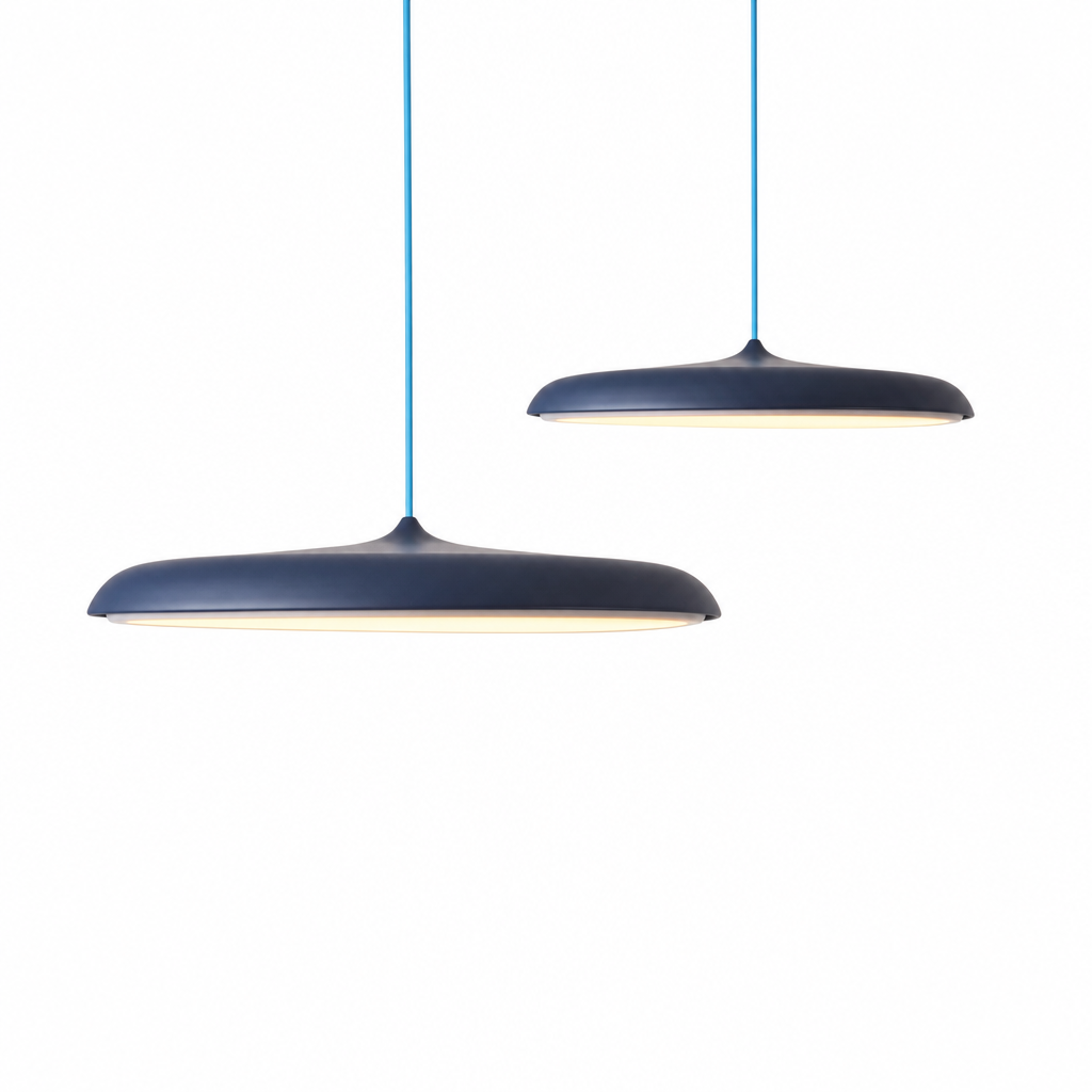 Modern LED Metal Pendant Light | Stylish Dining Room Fixture | Energy Efficient | Warm Light | Blue, Pink, Black, Gray | Round Ceiling Rose