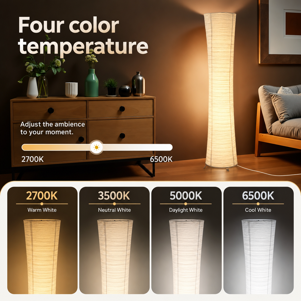 Modern LED Floor Lamp | Paper Shade | USB Remote Control | Warm Light | Uplight Design | Living Room & Bedroom Decor