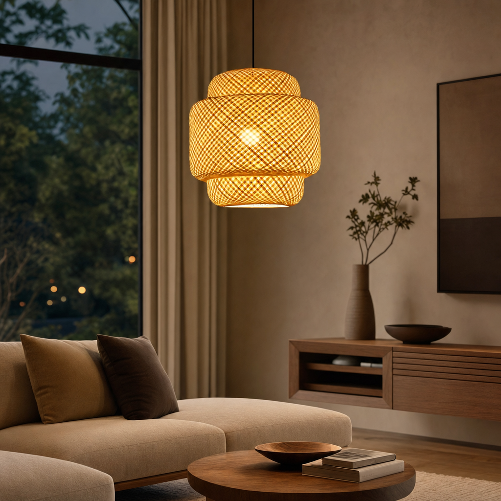 Rustic Bamboo Pendant Light | Zen Room Decor | Japanese Rattan Barrel Lantern | Vintage Art Lampshade | Polished Finish