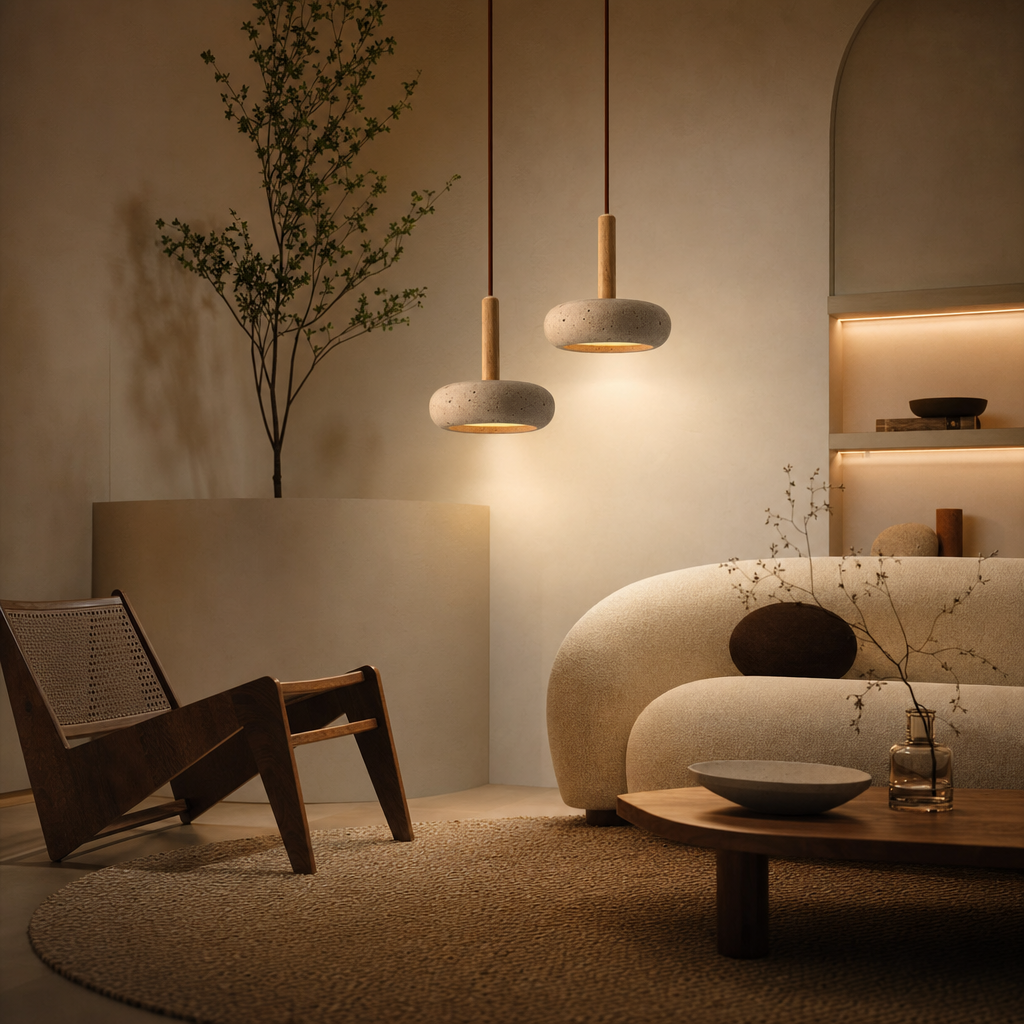 TranquilHalo LED Hanging Light | Adjustable Height | Yellow Stone & Wood | Easy Install | Warm Glow | 2m Cord | 15cm Diameter