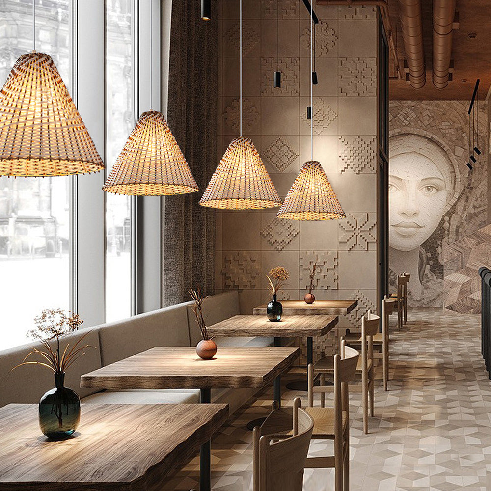 Håndlavet boheme pendellampe | Vævet Rattan | D36 x H30 cm | Naturligt design | E27 fatning | 110V-120V | Træ og hvid farve | Til stue og soveværelse