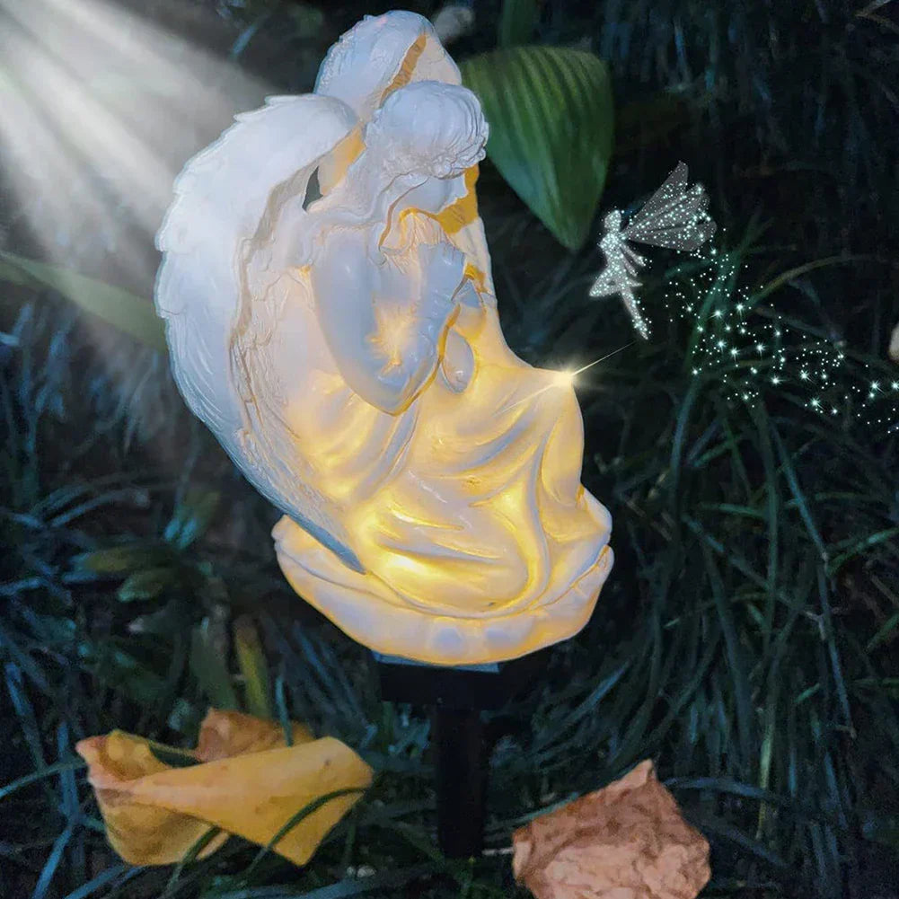 Engel Statue Solcellebelysning | Udendørs Vejrbestandig Havelampe | Energibesparende Dekoration i Premium Resin | Automatisk Opladning | Nem