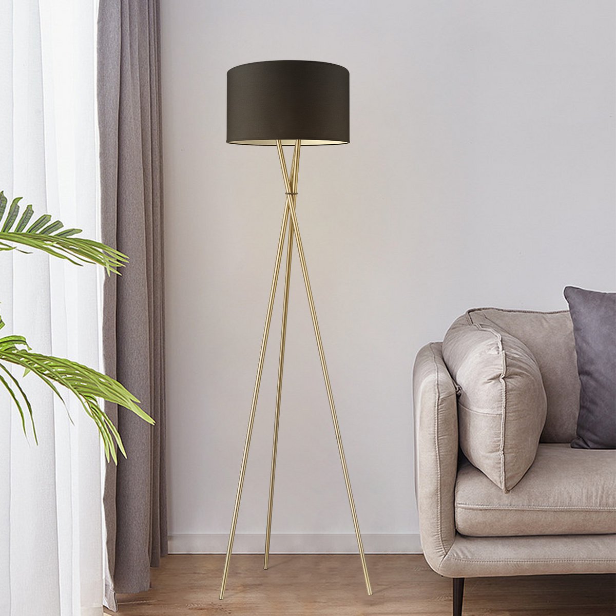 Messingben gulvlampe | Sort stof lampeskærm | Elegant design | Home Sweet Home | E27 LED-kompatibel | Ø40 cm | Stuktur i metal & stof | Stilfuld