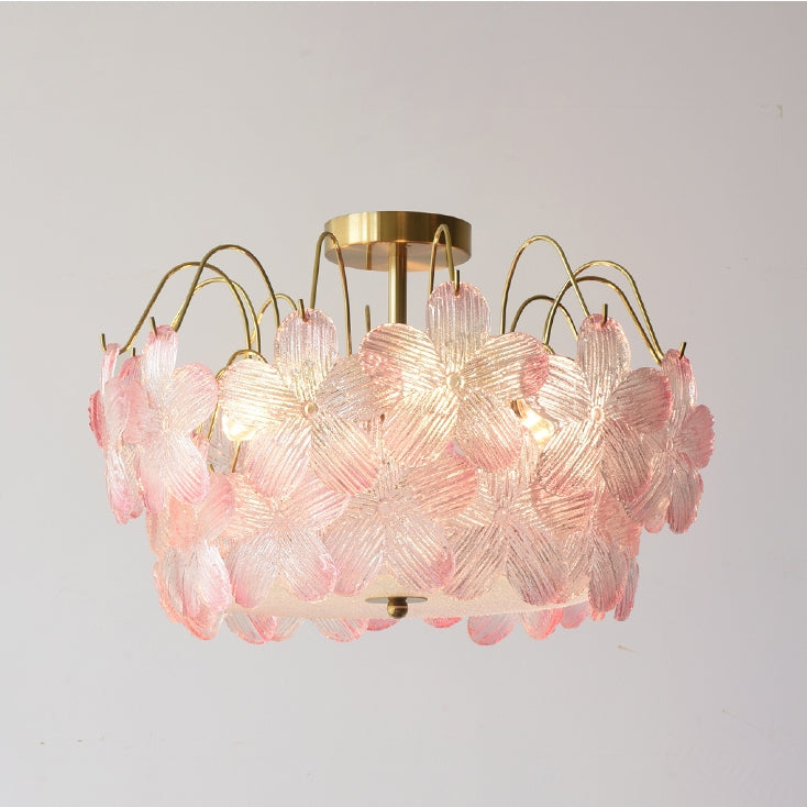 Blomstformet lysekrone i farvet glas | Tidløs elegance til stue og spisestue | Håndlavet detalje | Flere farvemuligheder | Dimensioner: Diameter