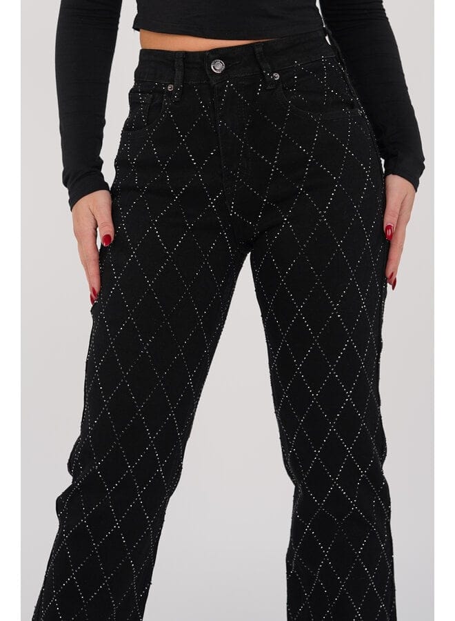 Jeans til kvinder | Lige ben | Diamantmønster | Subtil glans | Komfortabel pasform | Højkvalitets denim | Stilfuldt og alsidigt design | Elegant og