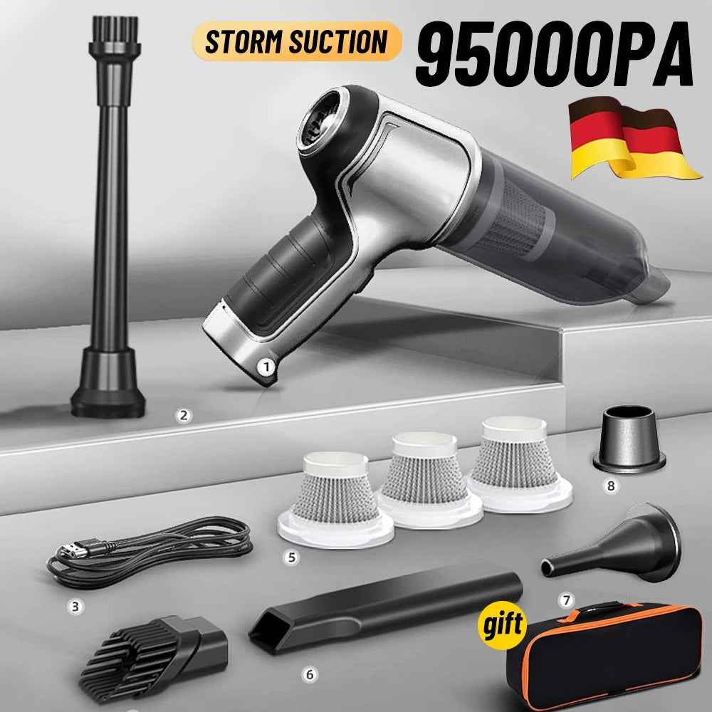 Kraftfuld Ledningsfri Støvsuger til Bil og Hjem | 95000Pa Sugkraft | Lydsvag ≤52 dB | Borstløs Motor | Barnsikker Design | Letvægt 550g | 4000mAh