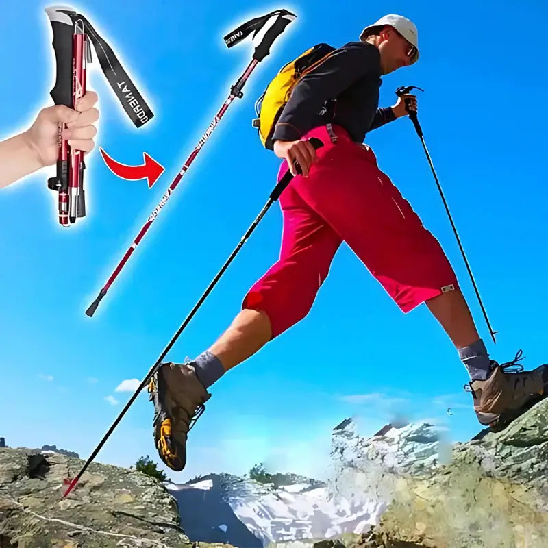Justerbar let aluminiums stav | Foldbar & bærbar konstruktion | Forbedret støtte til alle terræner | Kompakt opbevaring | Ideel til trekking, rejser