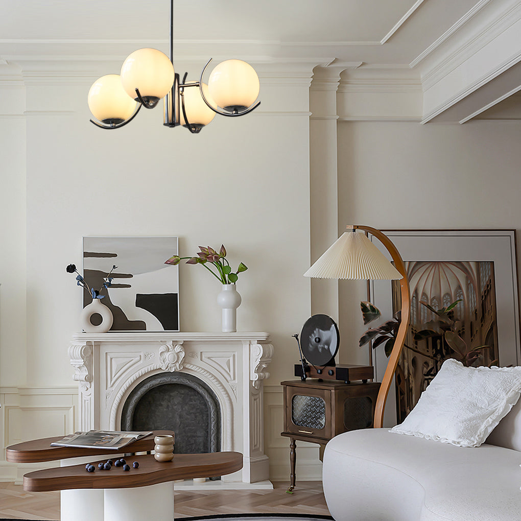 Nordisk Moderne Lysekrone | Mælkehvidt Glas | 4/5 Lyskilder | Galvaniseret Jern | E14 Lampefatning | Interiør Belysning | Kunstnerisk Design