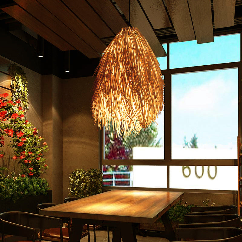 Hængelampe i flet | Asiatisk design | Beige farve | 1-lys pendel | Passer til restaurant | E26/E27 fatning | LED-kompatibel | Naturlig stil | Højde: