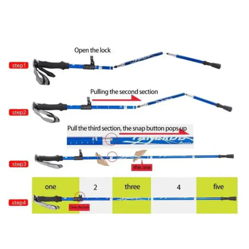 Justerbar let aluminiums stav | Foldbar & bærbar konstruktion | Forbedret støtte til alle terræner | Kompakt opbevaring | Ideel til trekking, rejser