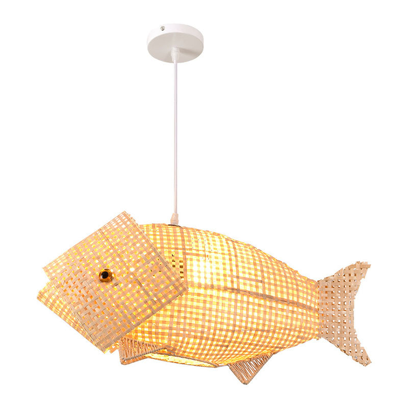 BambooFish | Asiatisk inspireret hængende lampe | Rattan og trædesign | Ø45 cm | Til spisestuer og restauranter | Naturfarvet | E26/E27 base