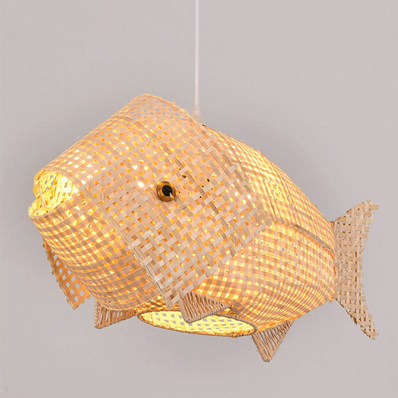 BambooFish | Asiatisk inspireret hængende lampe | Rattan og trædesign | Ø45 cm | Til spisestuer og restauranter | Naturfarvet | E26/E27 base