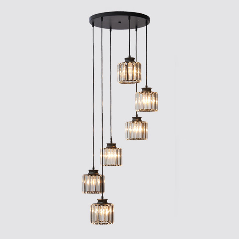 Cylinder Krystal Hængelampe | Rund Loftlampe Sort og Guld | Moderne Design med Klare Krystaller | Flere Lyskilder | Til LED eller Glødelampe