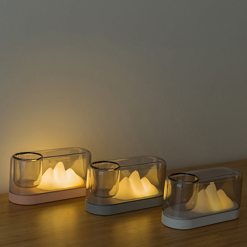 MountainLight | Genopladelig LED lampe | Bjergform med opbevaring | Stilfuld og funktionel | Natbord eller skrivebord | Grå/Hvid/Pink | Varm glød