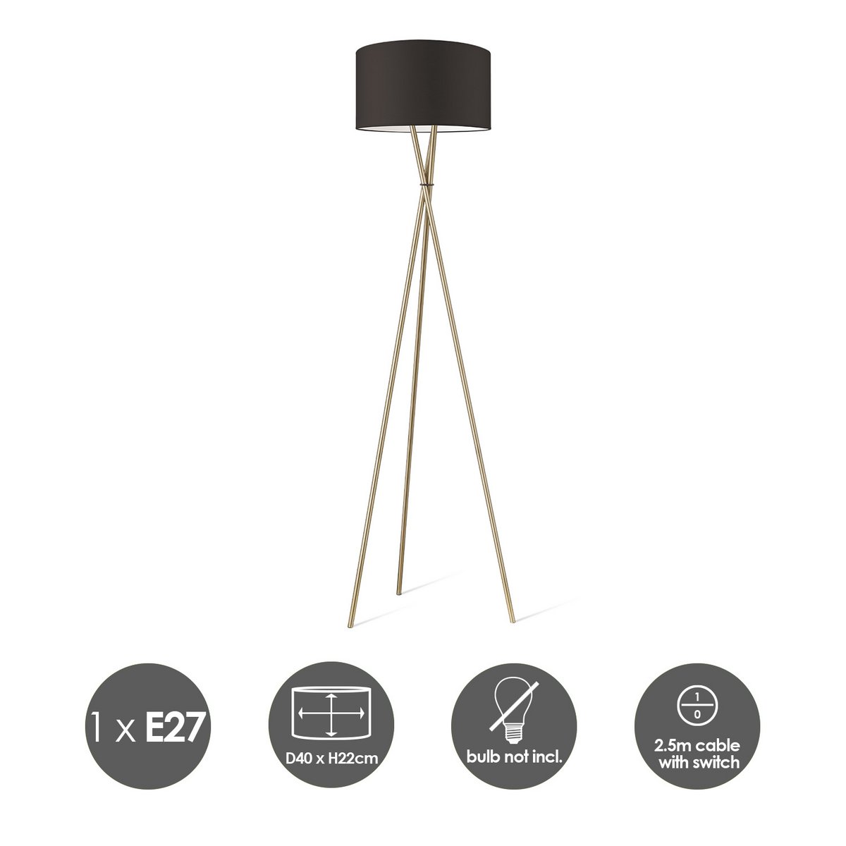 Messingstativ | Chokoladefarvet stofskærm | 166 cm høj lampe | E27 LED kompatibel | Modernistisk design | Home Sweet