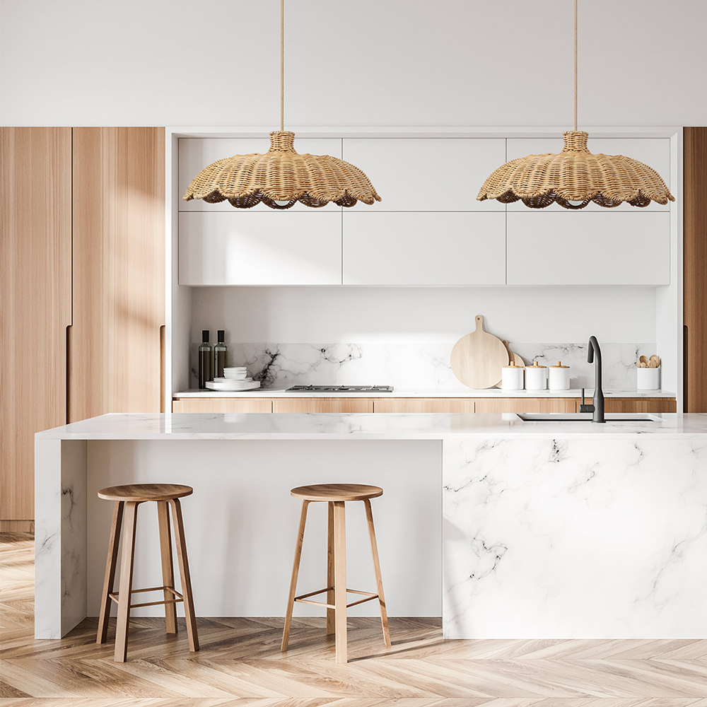 Rattanvævet Hængelampe | Boheme Design | E27 Lyskilde | Naturligt Træfinish | Moderne Interiør | 150 cm Justerbar Snor | 60W Maks Effekteffekt | Tør