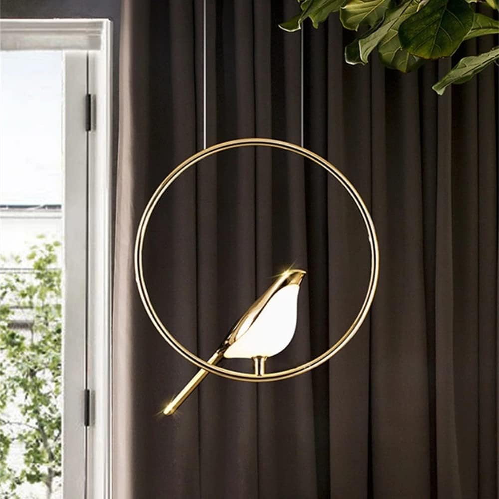 Hængelampe | Creative Birds LED Guirlande | Fuglemotiv | Justerbar længde | Guld | 30cm - 121cm Diameter | Metal + Akryl | Indbygget LED | Spisestue,
